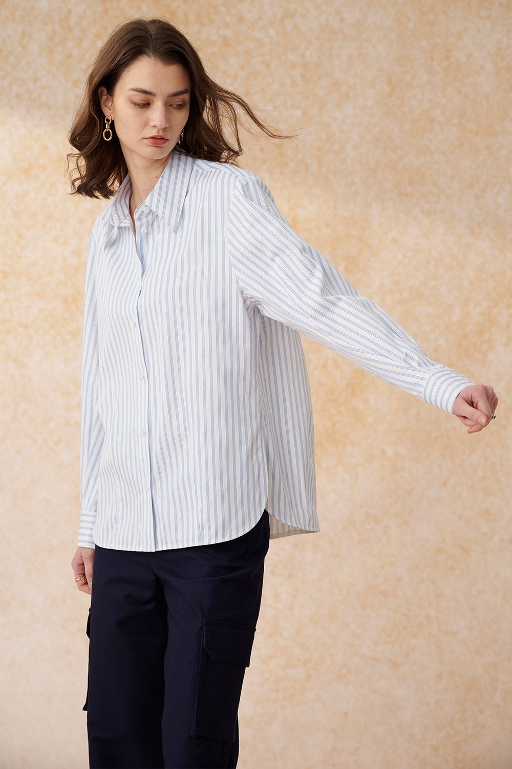 SST&C Light Blue Straight Stripe Loose Fit Cocoon Shirt | 7562403006  (Outlet)_4