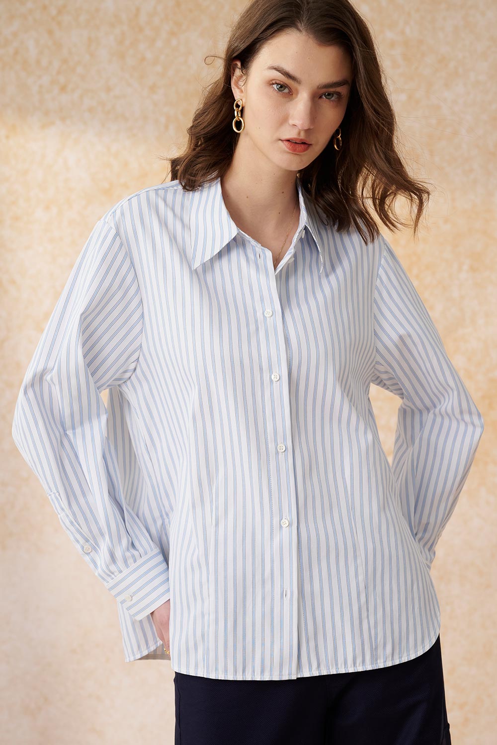 SST&C Light Blue Straight Stripe Loose Fit Cocoon Shirt | 7562403006  (Outlet)_6