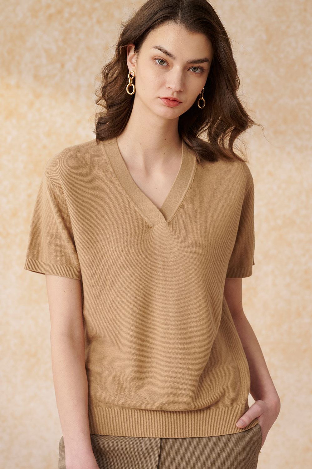 SST&C Khaki V-Neck Short-Sleeved Sweater | 8662403003  (Outlet)_1
