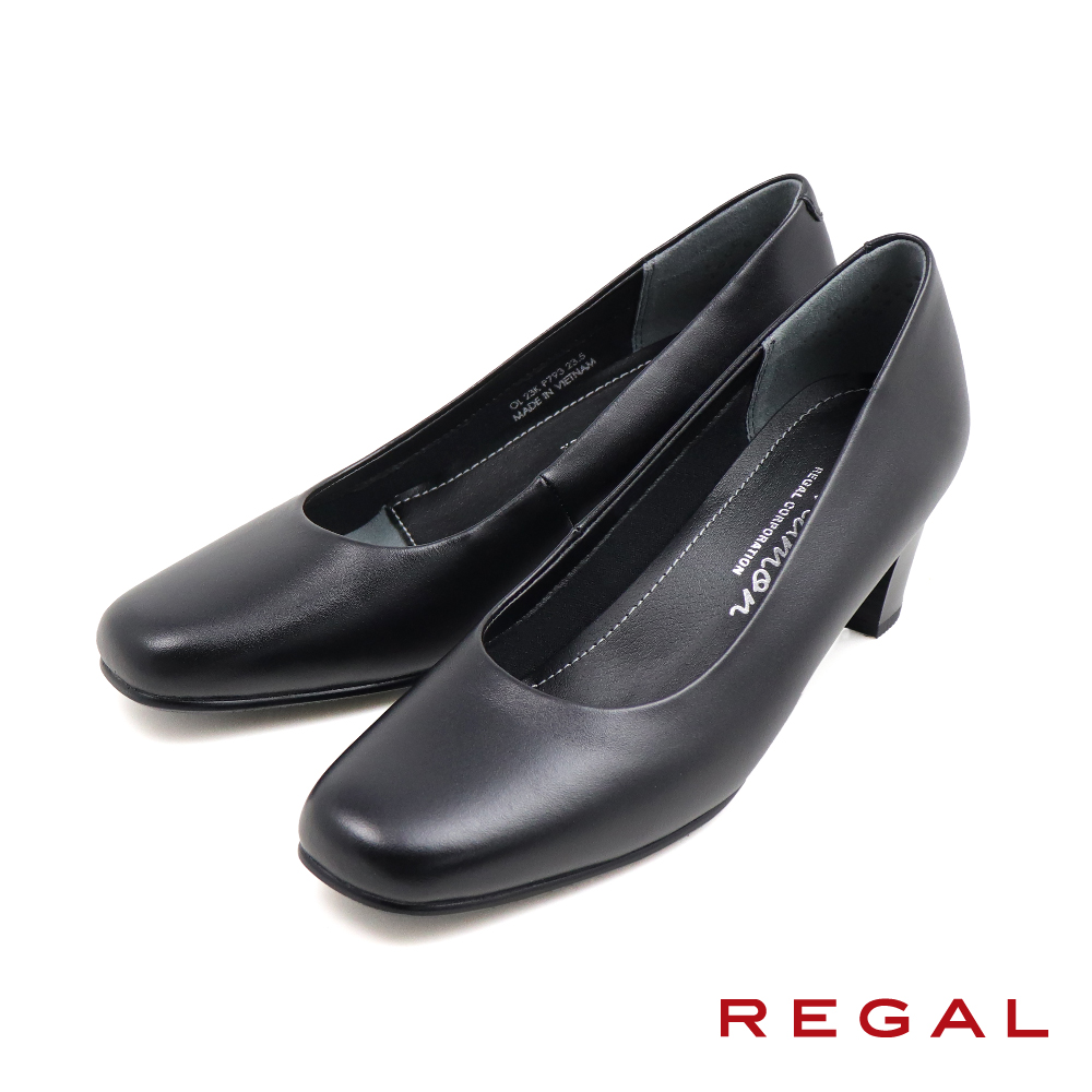 【REGAL】經典商務軟墊舒適圓頭中低跟包鞋  黑色(P793-BL)