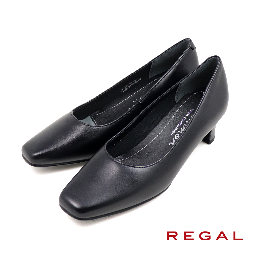 【REGAL】經典商務軟墊舒適方頭中低跟包鞋  黑色(P791-BL)