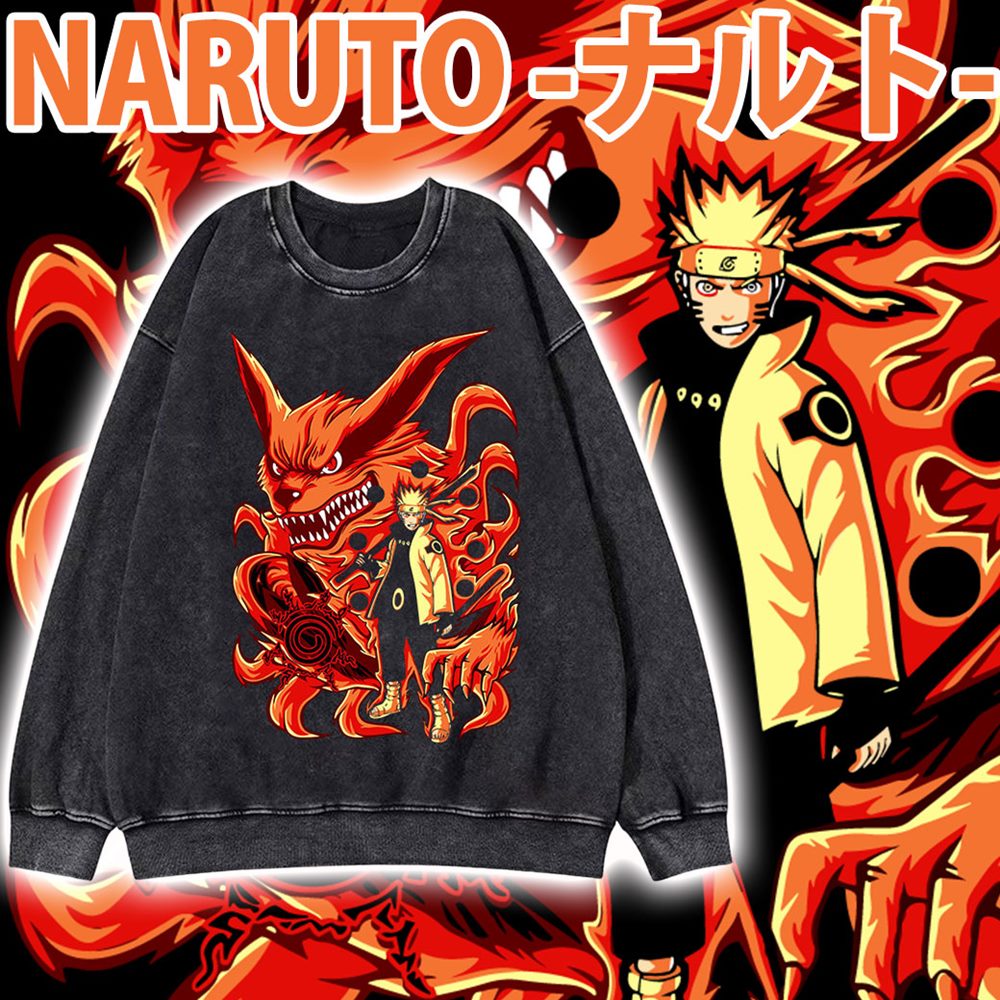 鳴人 & 九尾 仙人模式 火影忍者 NARUTO  ナルト 純棉美式做舊水洗大學TEE 長袖衛衣 動漫 獨家自訂款_0