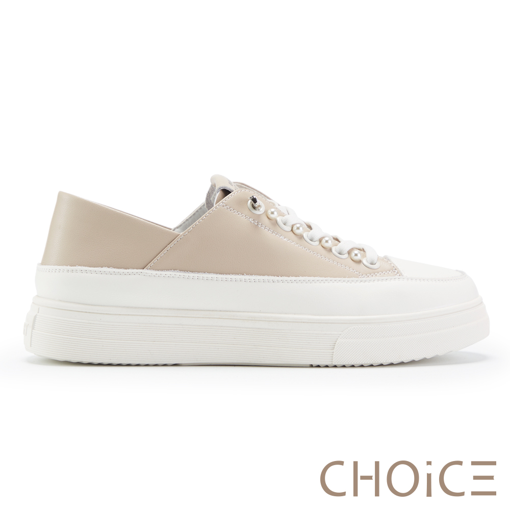 CHOiCE 免綁帶珍珠兩穿厚底休閒鞋 杏色 #38357