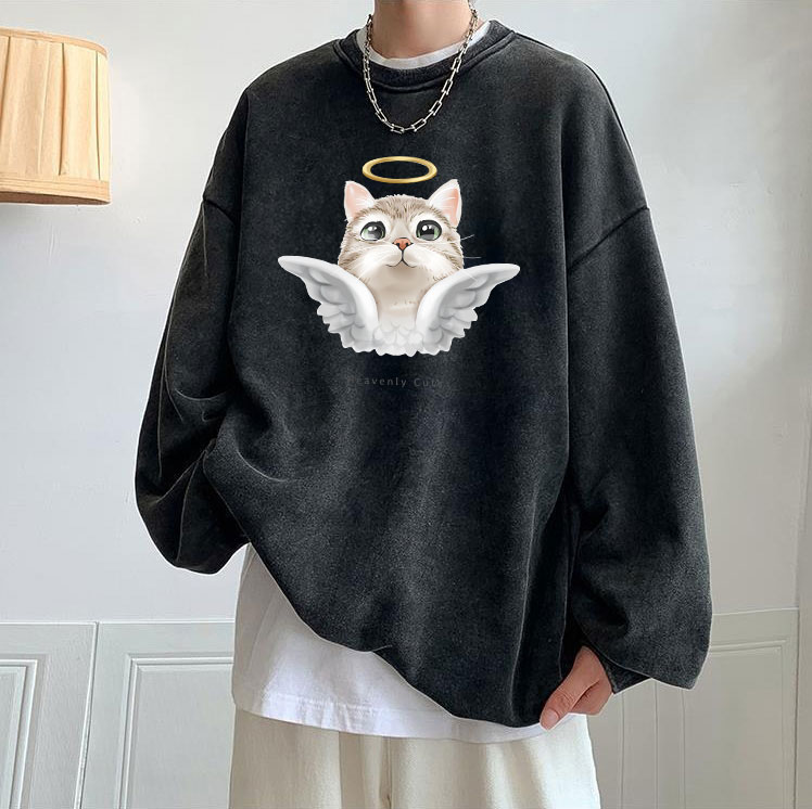 Heavenly Cute超可愛 小天使貓貓 純棉美式做舊水洗大學TEE 長袖衛衣 動漫 獨家自訂款_1