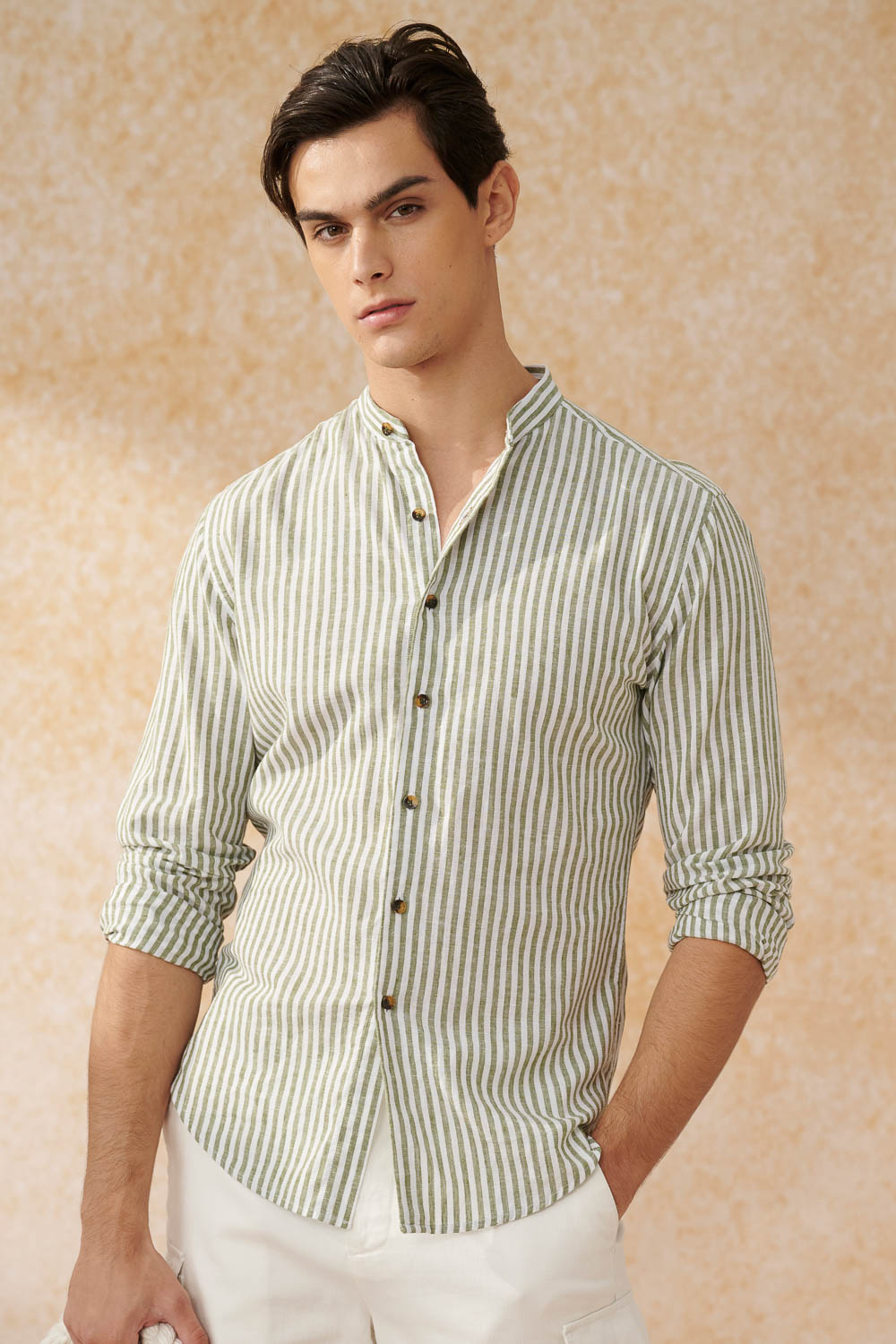 SST&C #Texture Cotton and Linen  Green Striped Pattern Standard Cotton and Linen Shirt | 0312403019  (Outlet)_0
