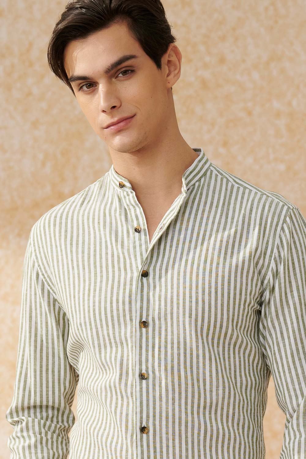 SST&C #Texture Cotton and Linen  Green Striped Pattern Standard Cotton and Linen Shirt | 0312403019  (Outlet)_1
