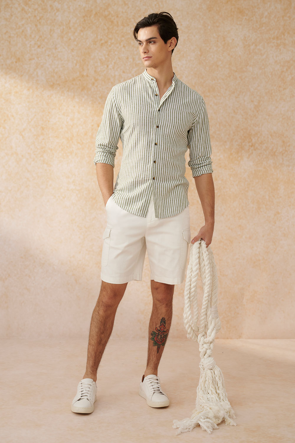 SST&C #Texture Cotton and Linen  Green Striped Pattern Standard Cotton and Linen Shirt | 0312403019  (Outlet)_3