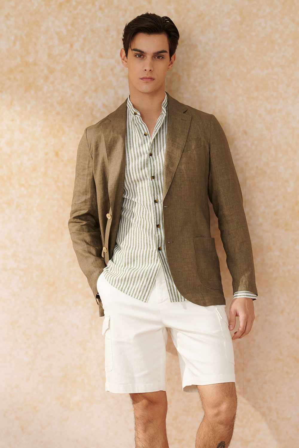 SST&C #Texture Cotton and Linen  Green Striped Pattern Standard Cotton and Linen Shirt | 0312403019  (Outlet)_5