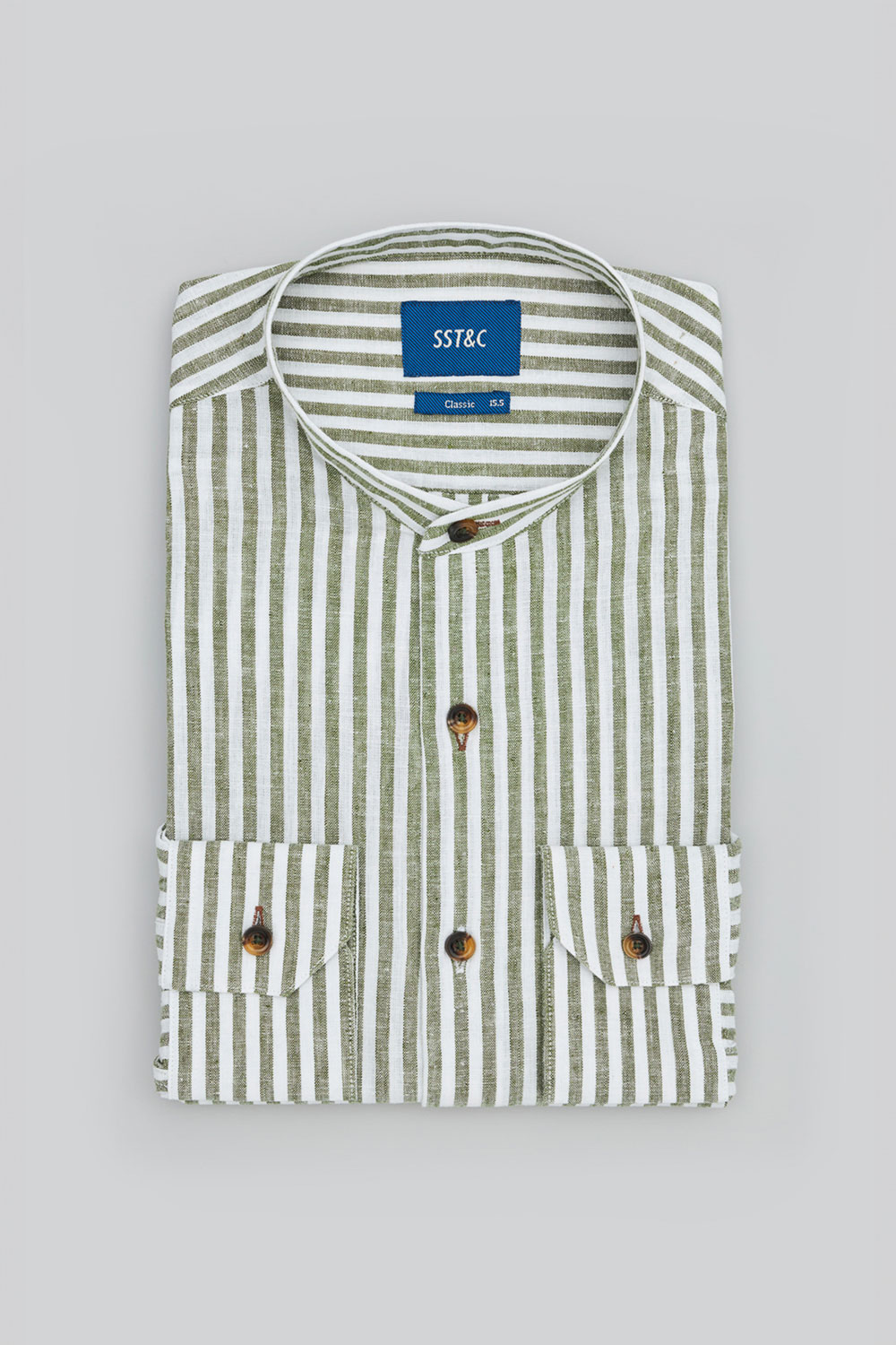 SST&C #Texture Cotton and Linen  Green Striped Pattern Standard Cotton and Linen Shirt | 0312403019  (Outlet)_7