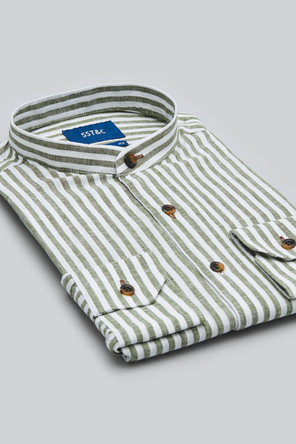 SST&C #Texture Cotton and Linen  Green Striped Pattern Standard Cotton and Linen Shirt | 0312403019  (Outlet)_8