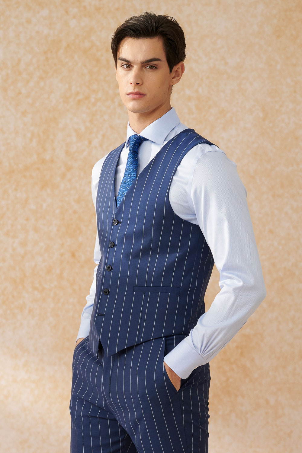 SST&C #Milan Series  Navy Blue Straight Stripe Slim Suit Vest | 0512403001  (Outlet)_0