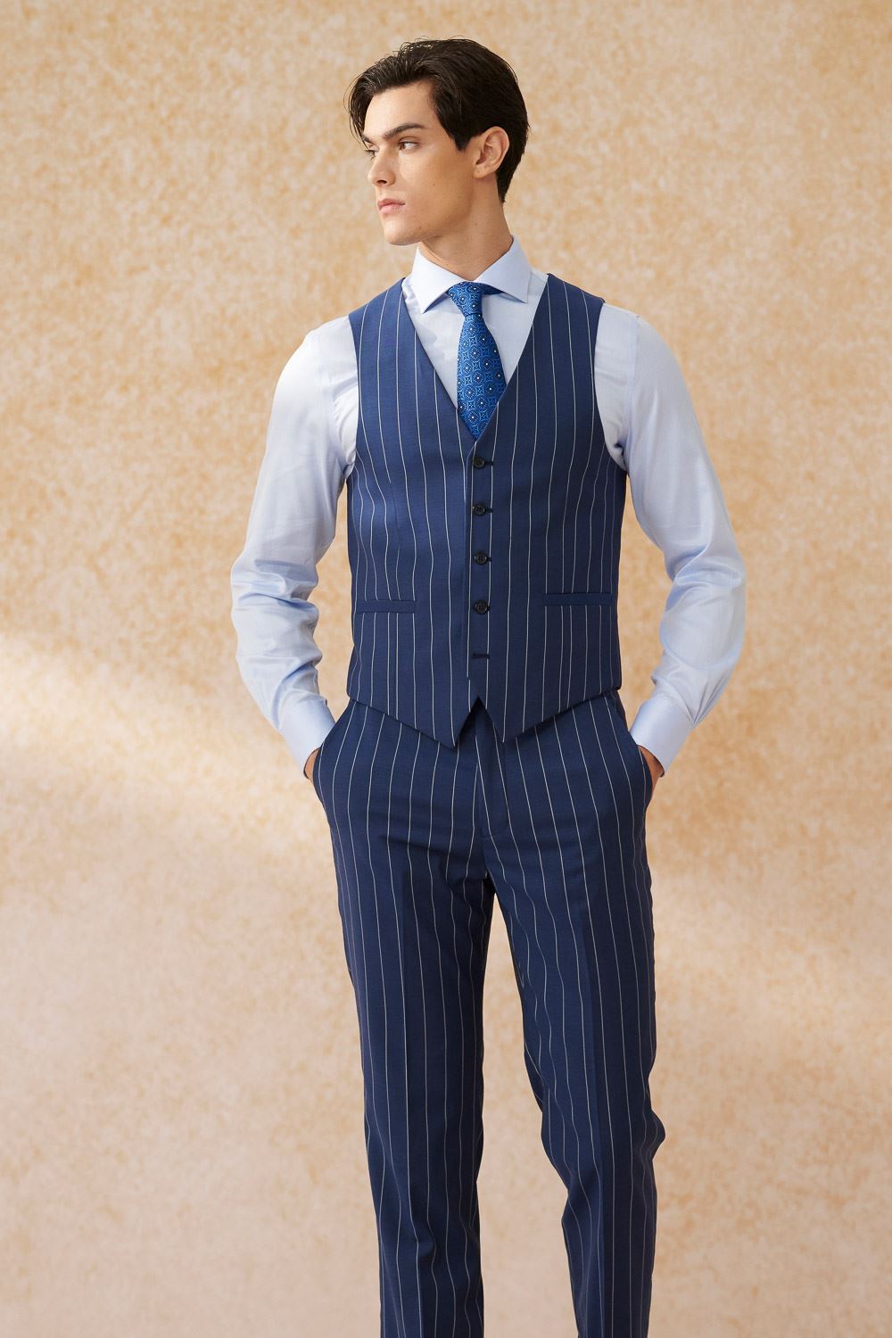 SST&C #Milan Series  Navy Blue Straight Stripe Slim Suit Vest | 0512403001  (Outlet)_2
