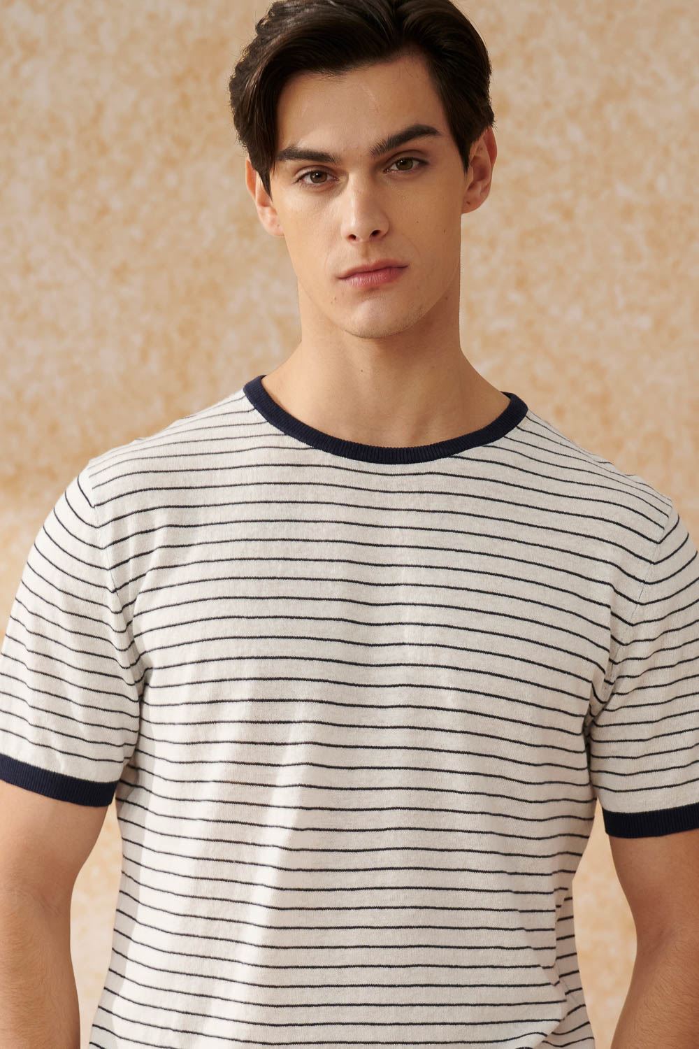 SST&C White Horizontal Striped Pattern Cotton and Linen Short-Sleeved Sweater | 1112403002  (Outlet)_1