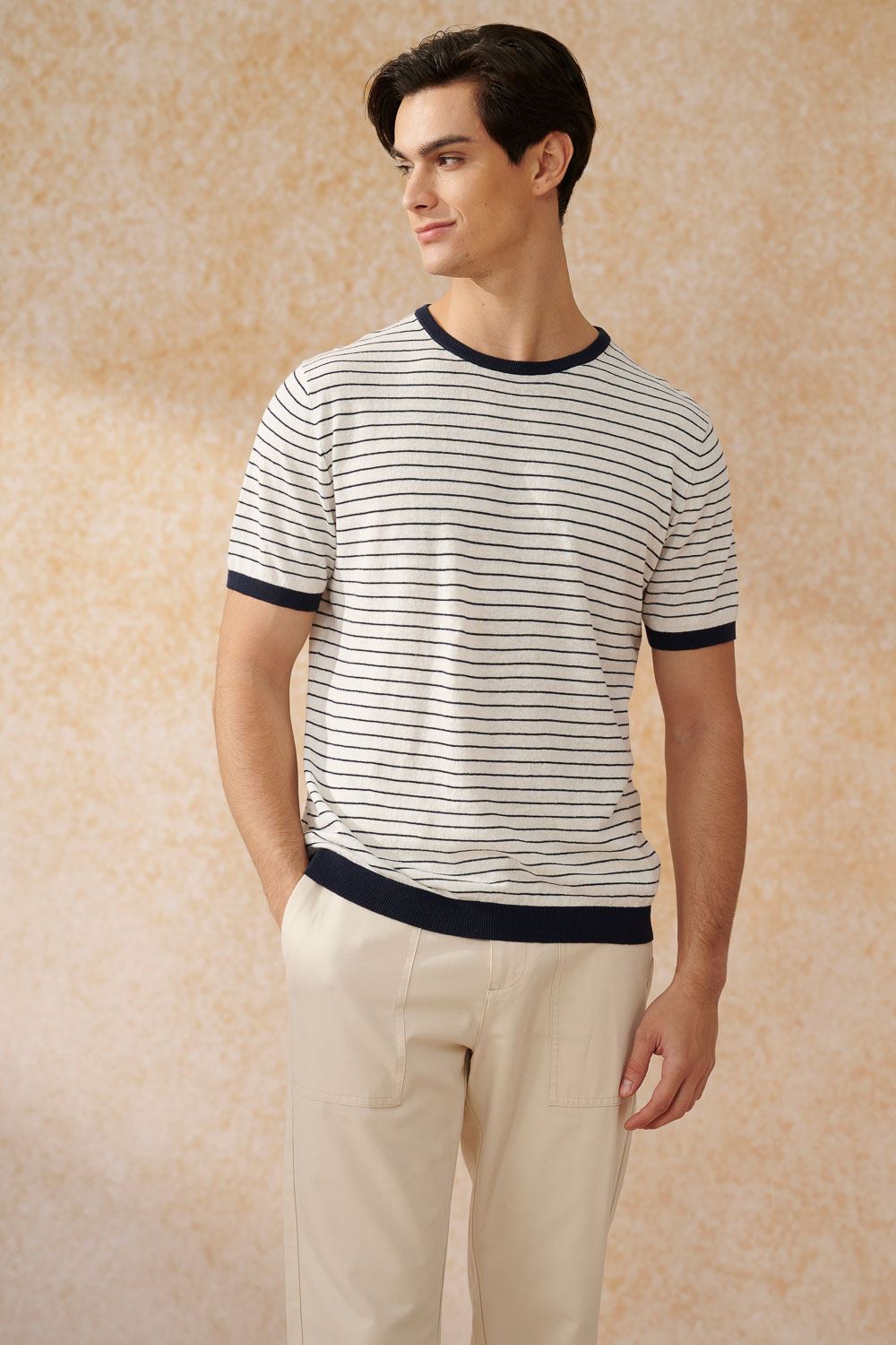 SST&C White Horizontal Striped Pattern Cotton and Linen Short-Sleeved Sweater | 1112403002  (Outlet)_2