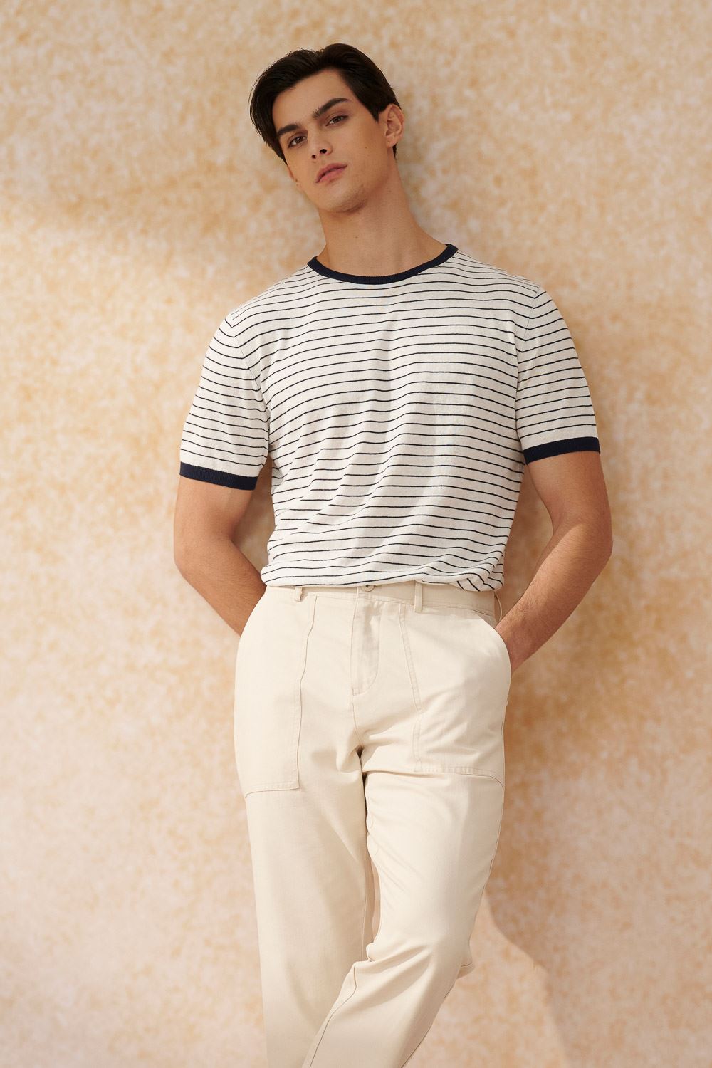 SST&C White Horizontal Striped Pattern Cotton and Linen Short-Sleeved Sweater | 1112403002  (Outlet)_3