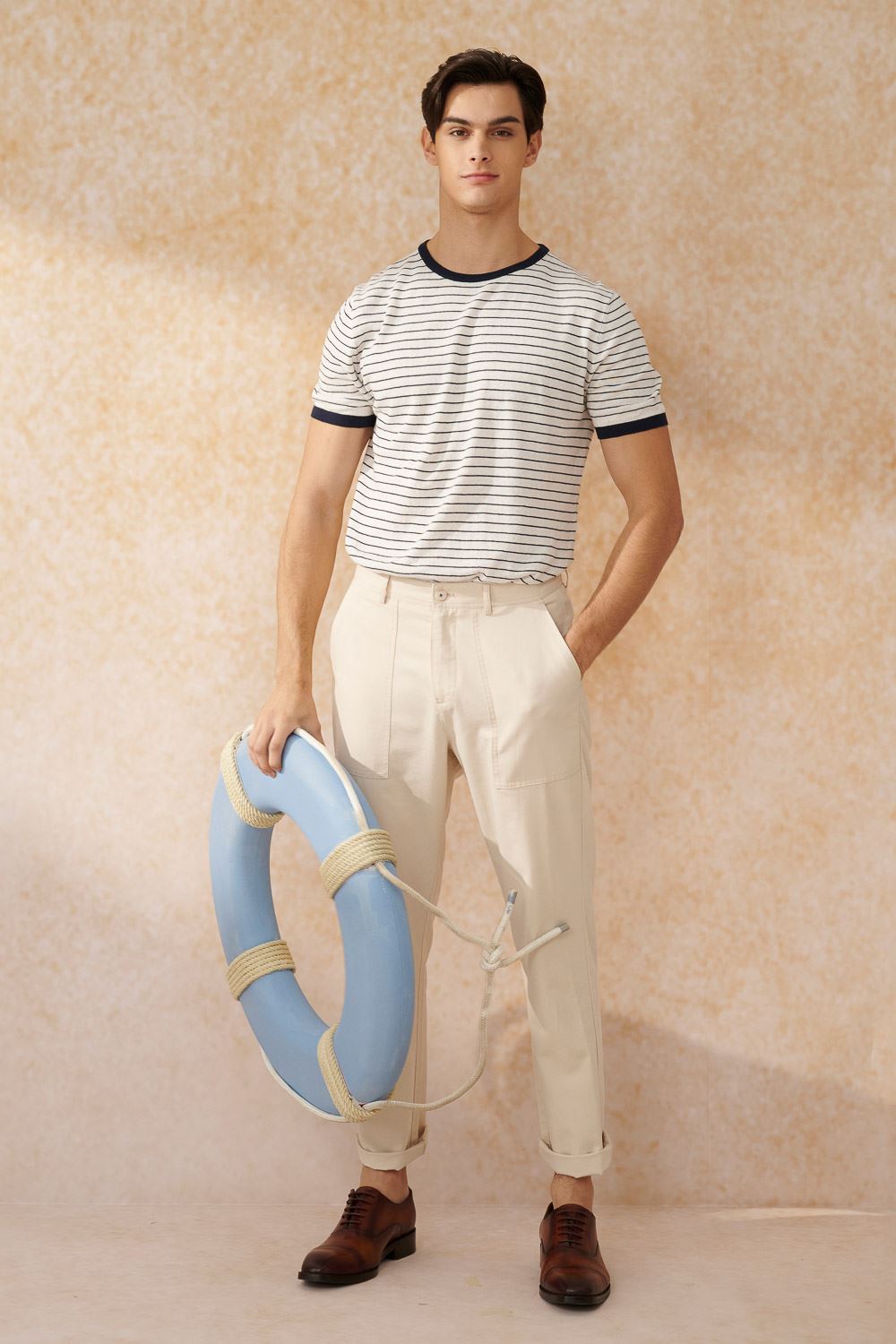 SST&C White Horizontal Striped Pattern Cotton and Linen Short-Sleeved Sweater | 1112403002  (Outlet)_4