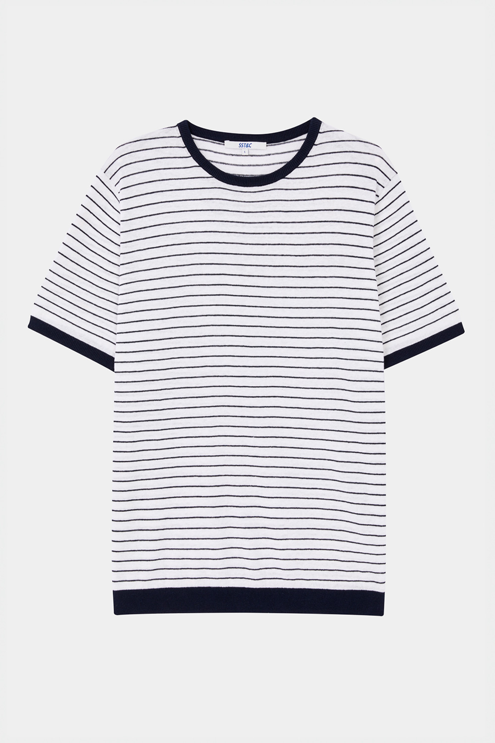 SST&C White Horizontal Striped Pattern Cotton and Linen Short-Sleeved Sweater | 1112403002  (Outlet)_7