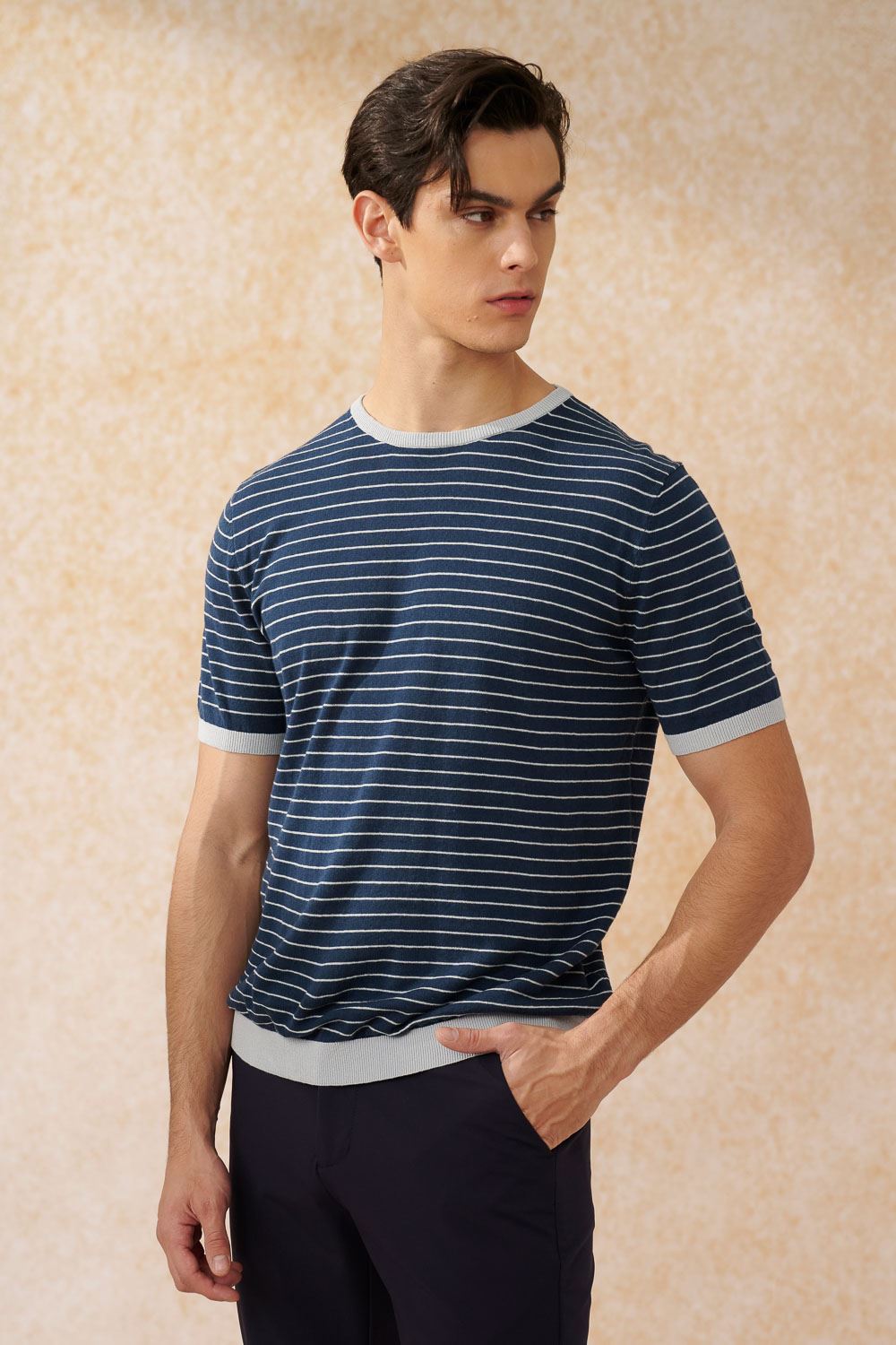 SST&C Dark Blue Horizontal Striped Pattern Cotton and Linen Short-Sleeved Sweater | 1112403001  (Outlet)_0