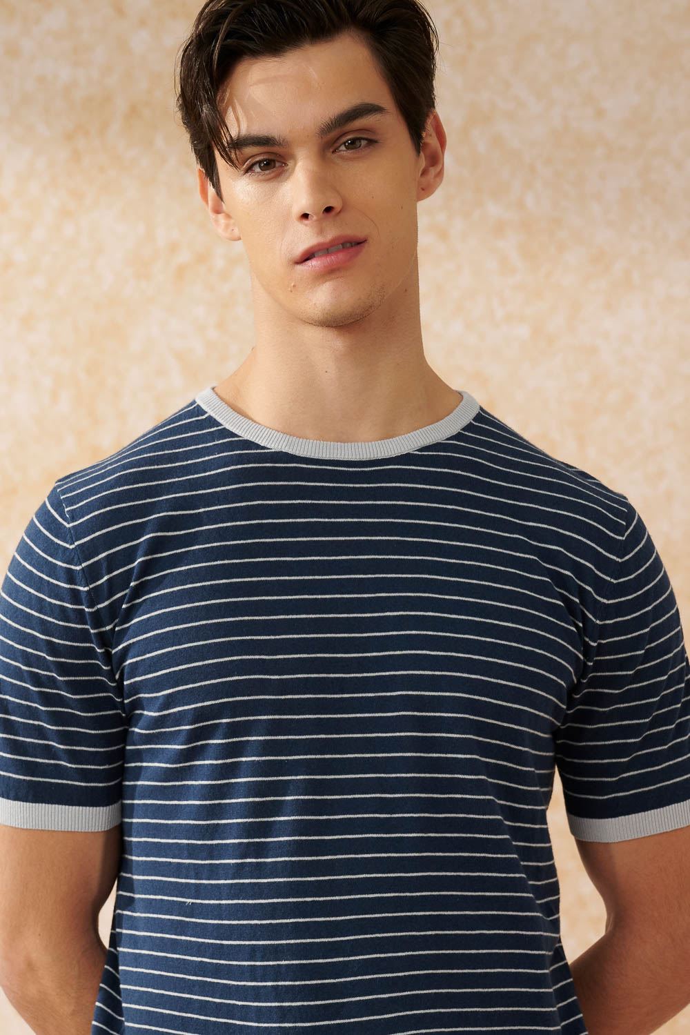 SST&C Dark Blue Horizontal Striped Pattern Cotton and Linen Short-Sleeved Sweater | 1112403001  (Outlet)_1
