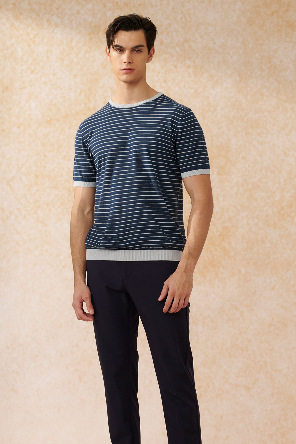 SST&C Dark Blue Horizontal Striped Pattern Cotton and Linen Short-Sleeved Sweater | 1112403001  (Outlet)_3