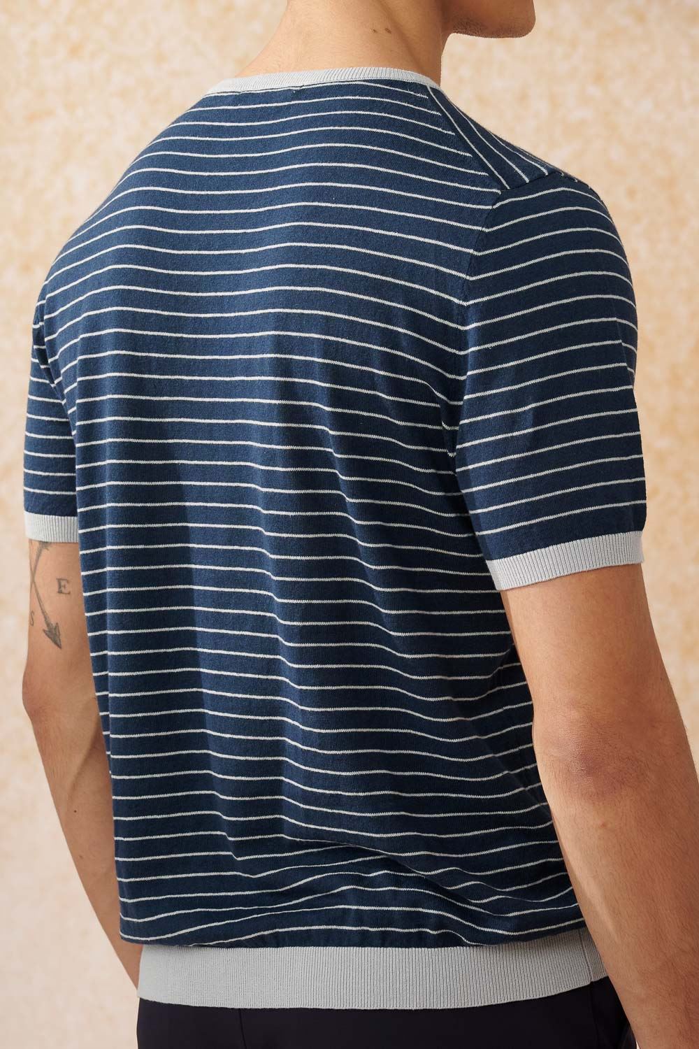 SST&C Dark Blue Horizontal Striped Pattern Cotton and Linen Short-Sleeved Sweater | 1112403001  (Outlet)_4