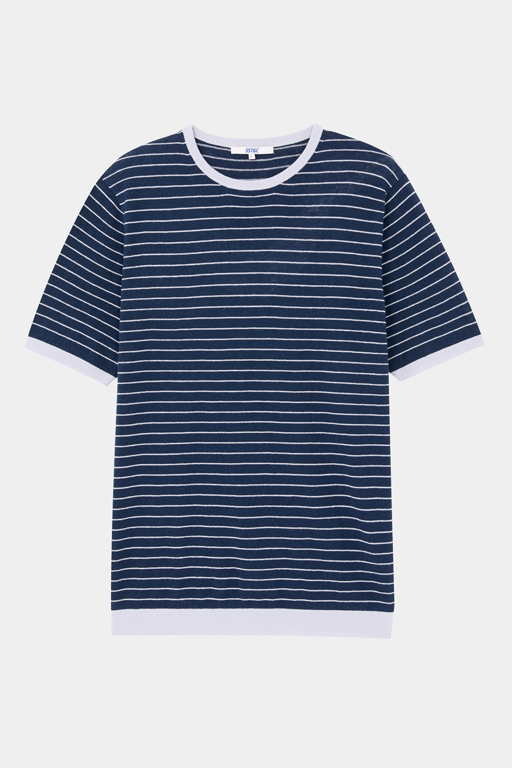SST&C Dark Blue Horizontal Striped Pattern Cotton and Linen Short-Sleeved Sweater | 1112403001  (Outlet)_5