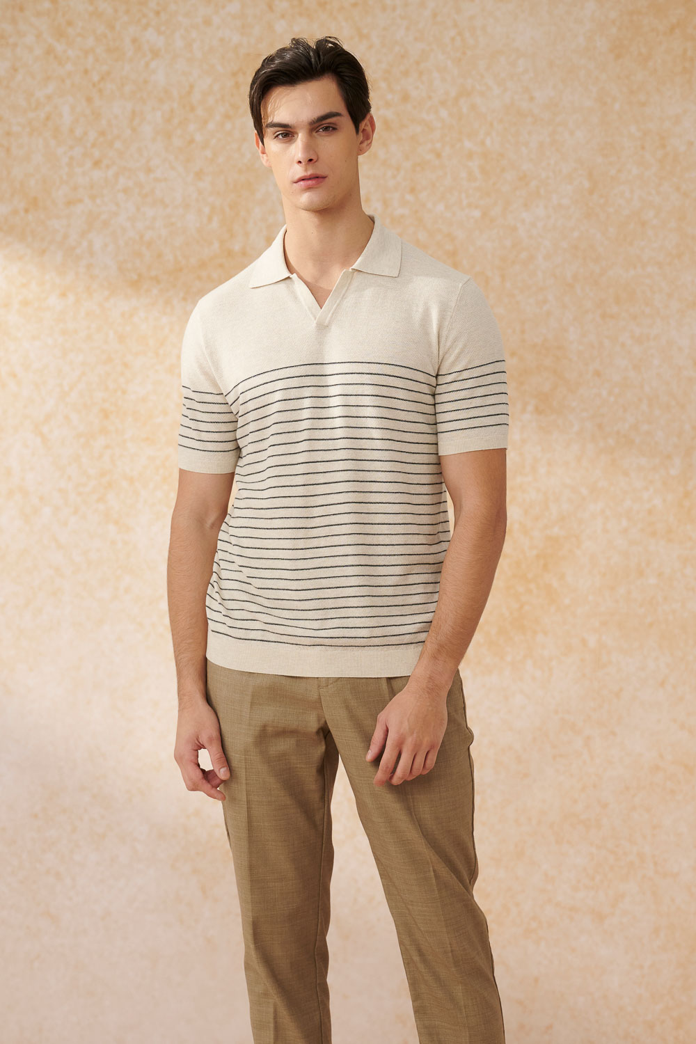 SST&C Oatmeal Horizontal Striped Pattern Short-Sleeved Polo Sweater | 1112403003  (Outlet)_2