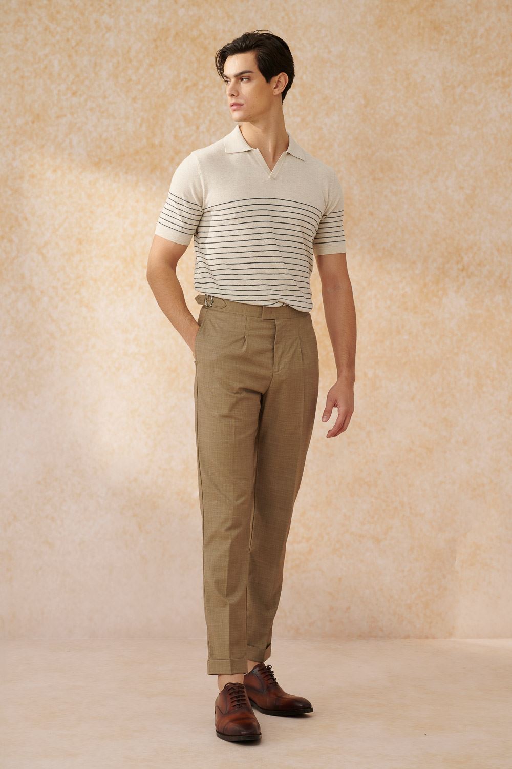 SST&C Oatmeal Horizontal Striped Pattern Short-Sleeved Polo Sweater | 1112403003  (Outlet)_3