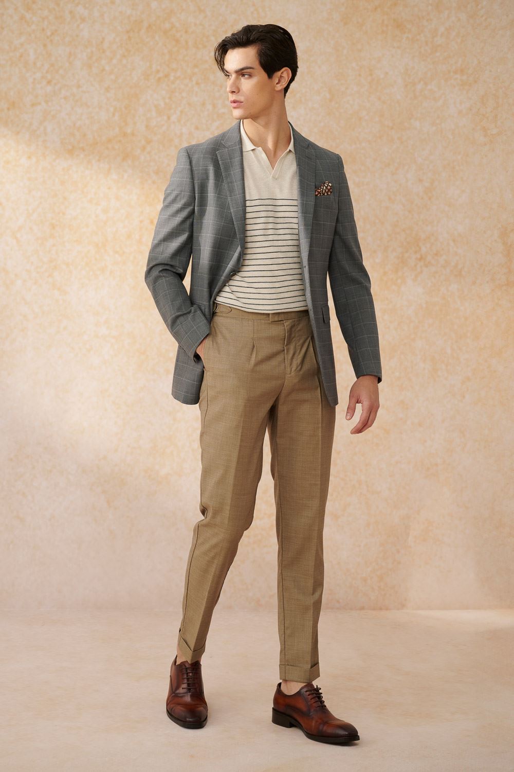 SST&C Oatmeal Horizontal Striped Pattern Short-Sleeved Polo Sweater | 1112403003  (Outlet)_4