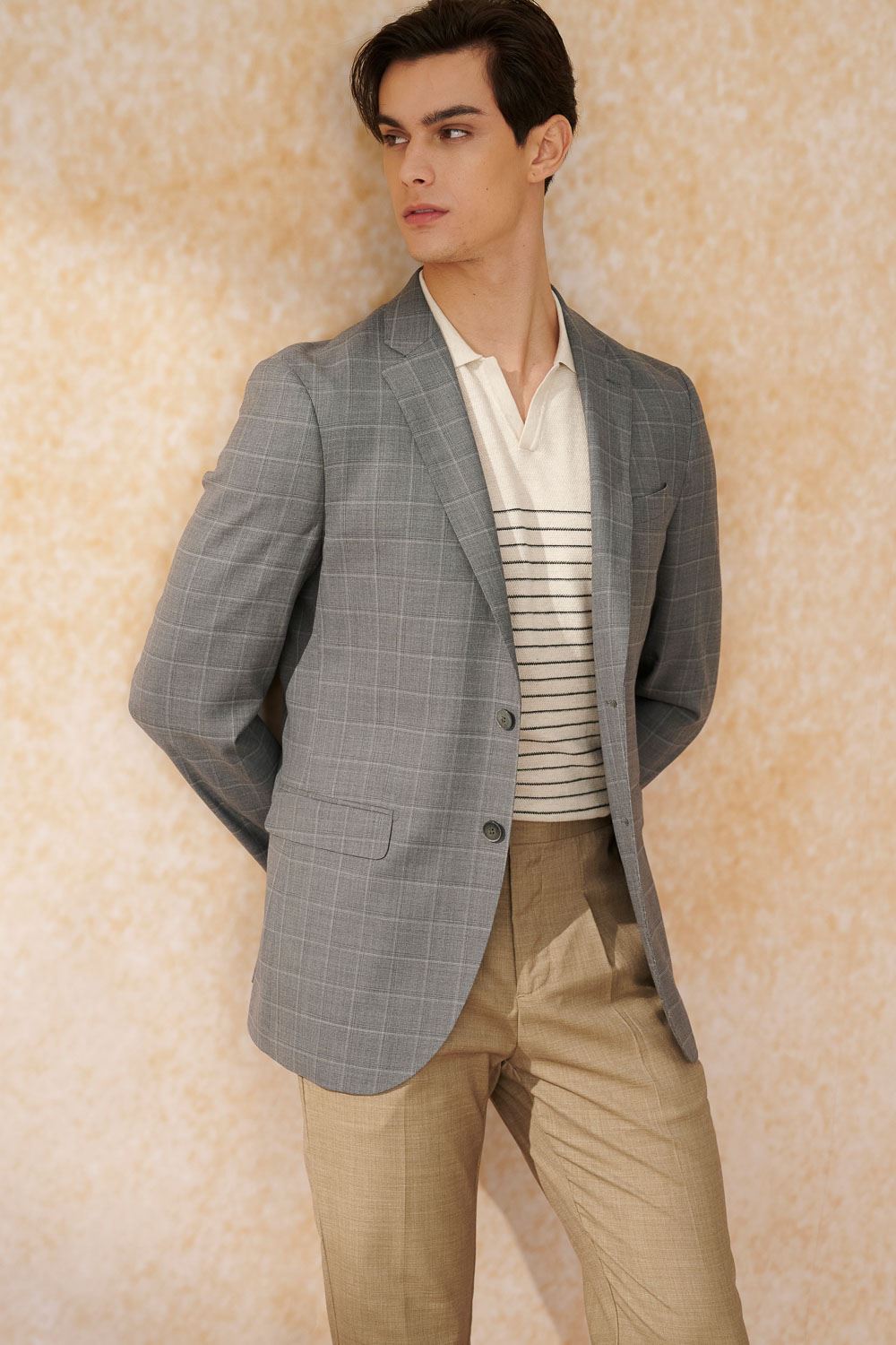 SST&C Oatmeal Horizontal Striped Pattern Short-Sleeved Polo Sweater | 1112403003  (Outlet)_5