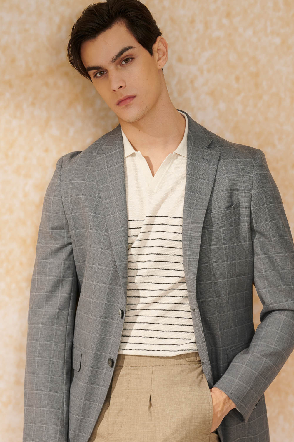 SST&C Oatmeal Horizontal Striped Pattern Short-Sleeved Polo Sweater | 1112403003  (Outlet)_6