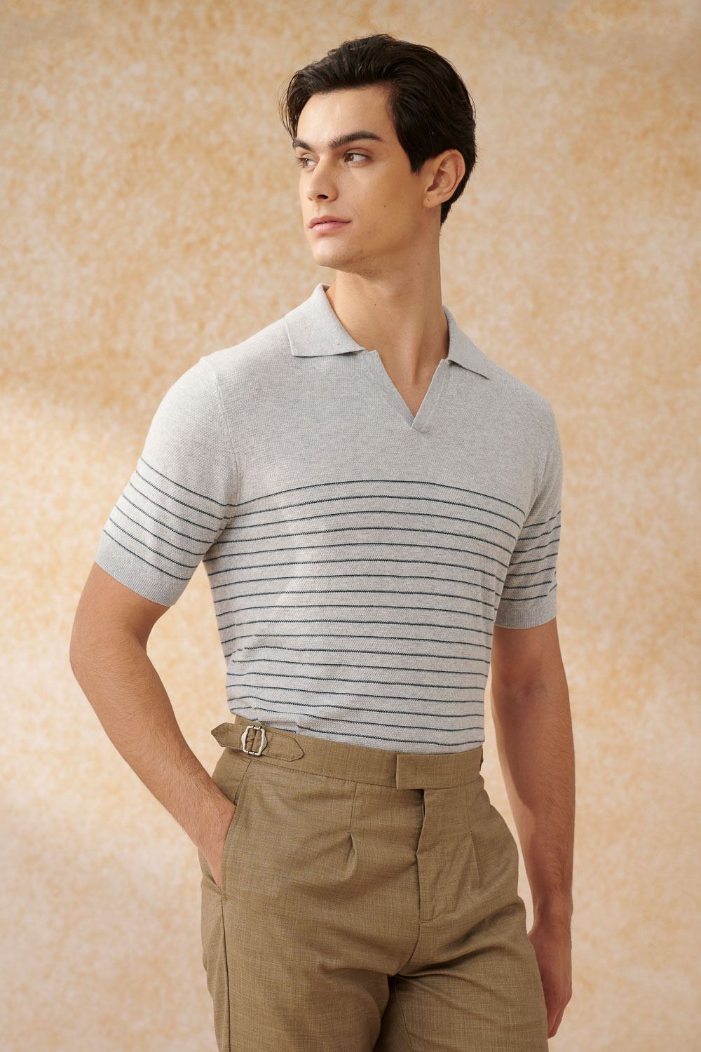 SST&C Floral Gray Horizontal Striped Pattern Short-Sleeved Polo Sweater | 1112403004  (Outlet)_0