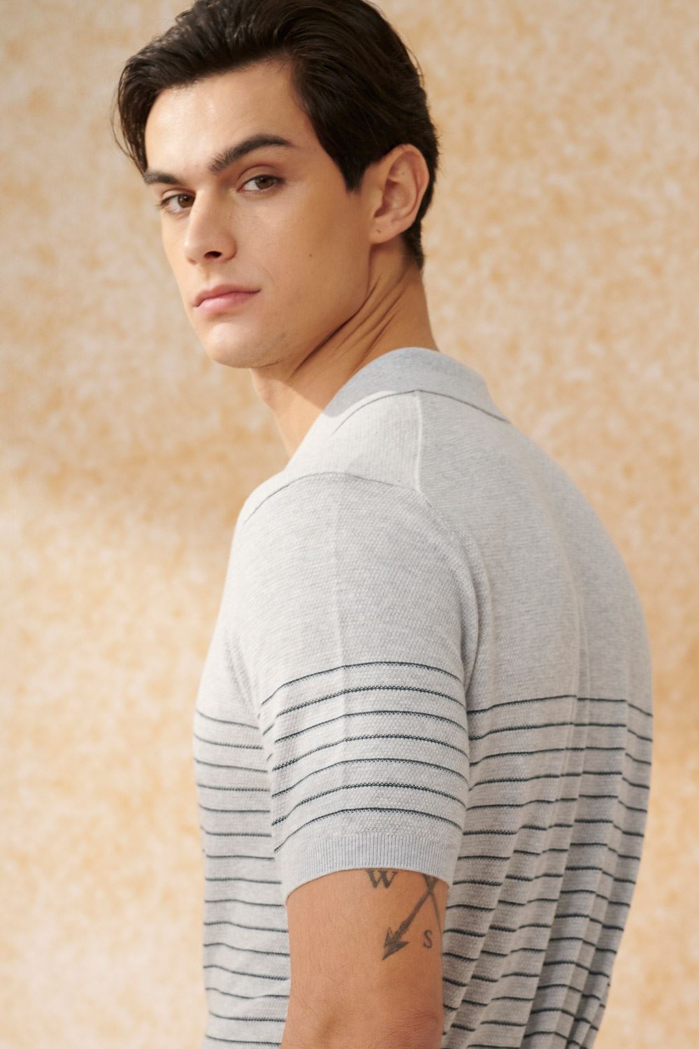 SST&C Floral Gray Horizontal Striped Pattern Short-Sleeved Polo Sweater | 1112403004  (Outlet)_1