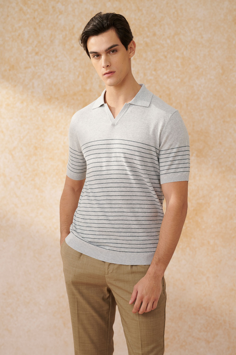 SST&C Floral Gray Horizontal Striped Pattern Short-Sleeved Polo Sweater | 1112403004  (Outlet)_2