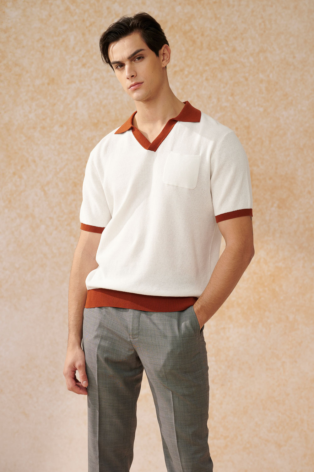 SST&C White Bottom & Caramel Coffee Short Sleeve Polo Sweater | 1112403005  (Outlet)_1
