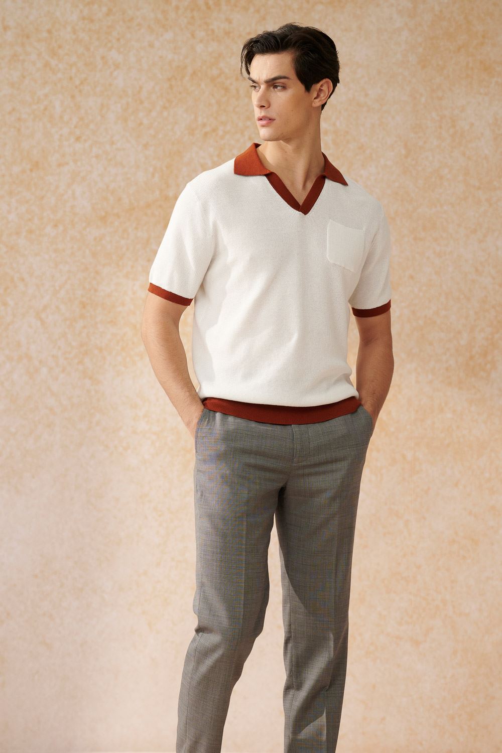 SST&C White Bottom & Caramel Coffee Short Sleeve Polo Sweater | 1112403005  (Outlet)_2