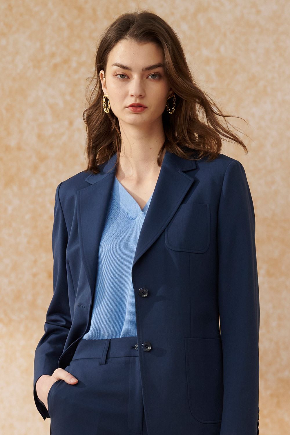 SST&C Dark Blue Square Collar Long Suit Jacket | 7162403004  (Outlet)_0