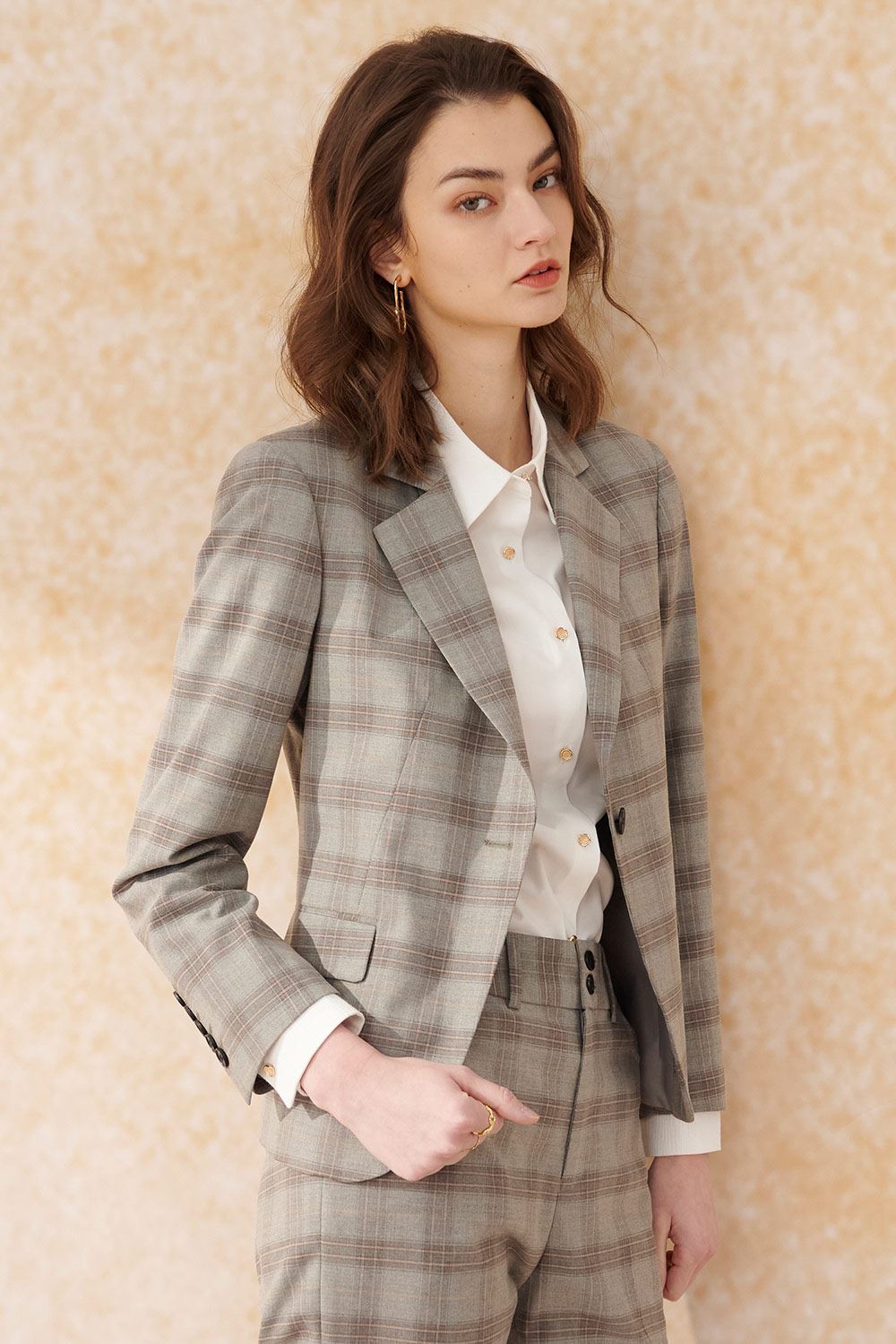 SST&C Gray and Brown Check Pattern Square Collar Fitted Suit Jacket | 7162403009  (Outlet)_0