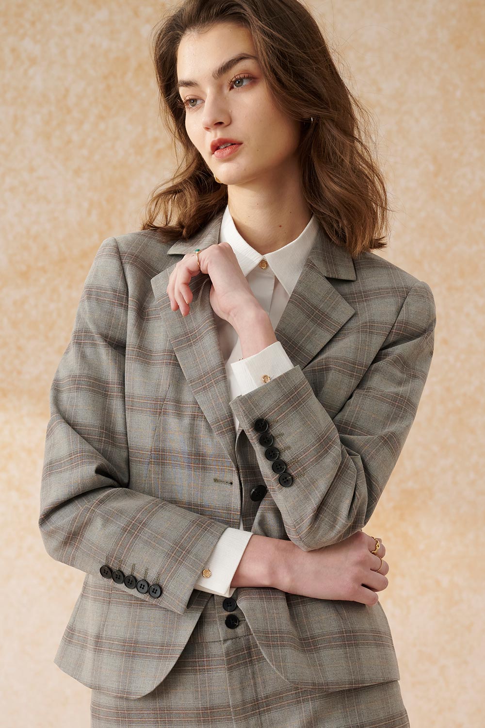 SST&C Gray and Brown Check Pattern Square Collar Fitted Suit Jacket | 7162403009  (Outlet)_1
