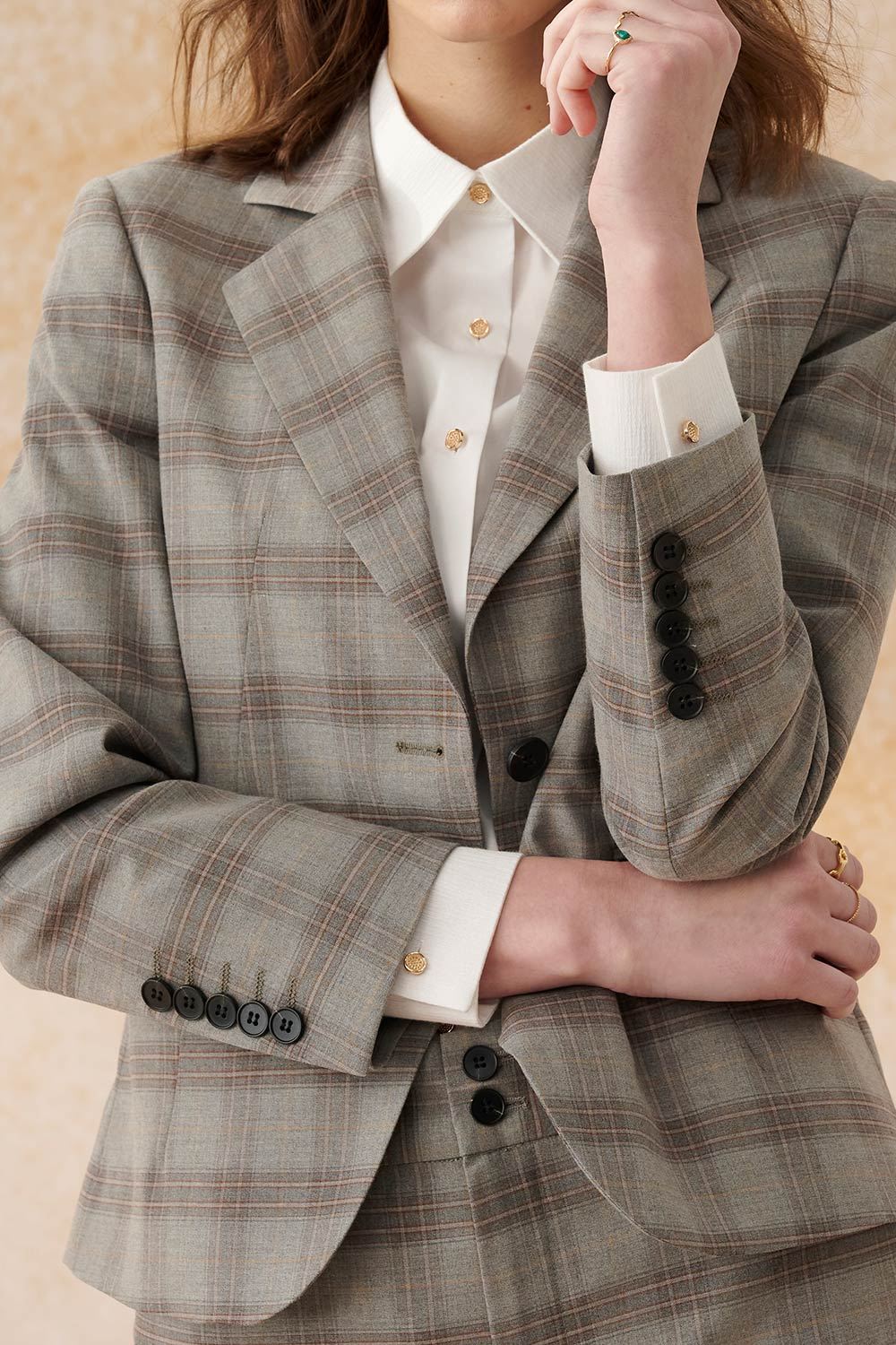 SST&C Gray and Brown Check Pattern Square Collar Fitted Suit Jacket | 7162403009  (Outlet)_4