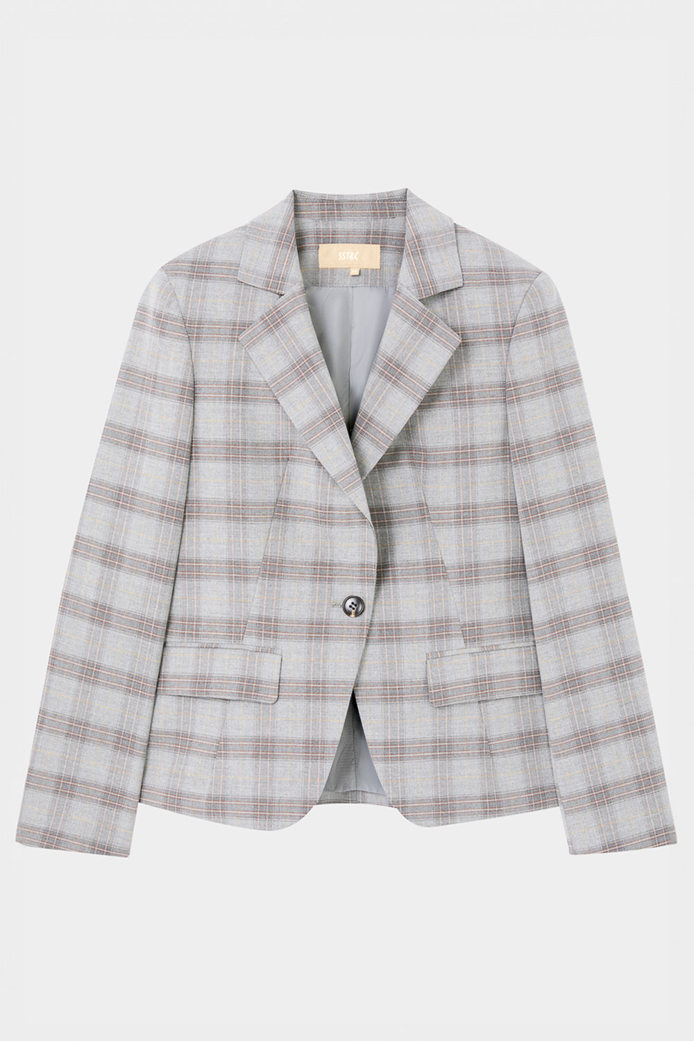 SST&C Gray and Brown Check Pattern Square Collar Fitted Suit Jacket | 7162403009  (Outlet)_5