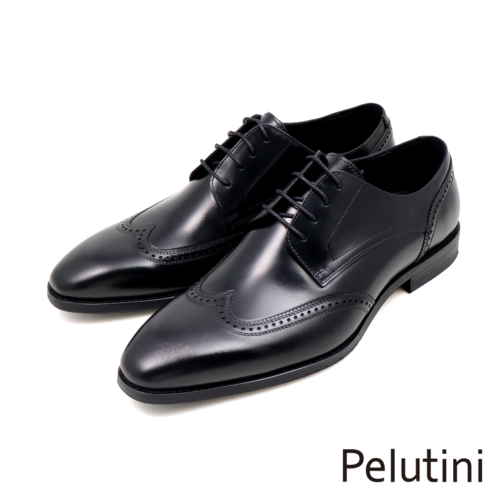 【Pelutini】經典質感翼紋雕孔綁帶德比鞋 黑色(311011-BL)
