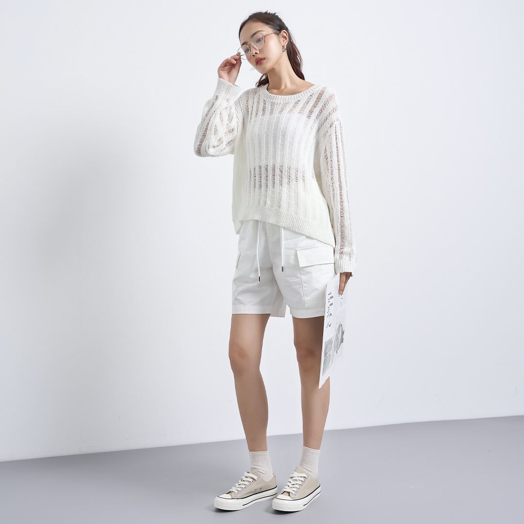 工裝綁帶側口袋五分褲(白色)-女_0