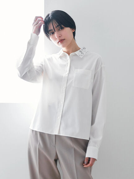 華麗寶石裝飾領素面長袖襯衫(7A41L0A0300) - YECCA VECCA