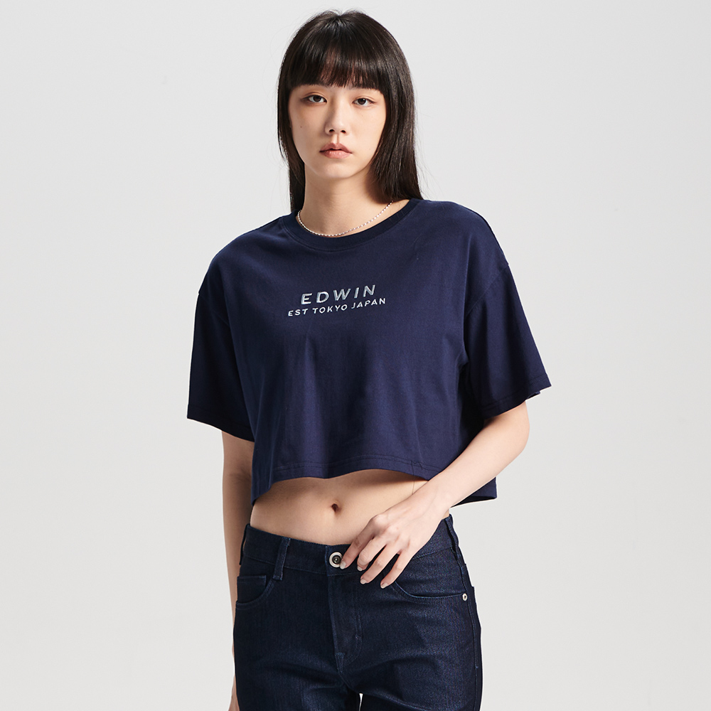EDWIN｜女裝｜簡約刺繡印花寬短版短袖T恤