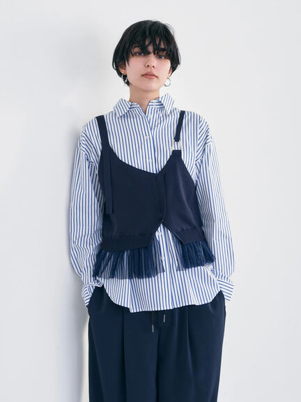 【SET ITEM】斜邊薄紗褶邊襬針織背心+條紋長袖襯衫(7B41L0A0700) - YECCA VECCA
