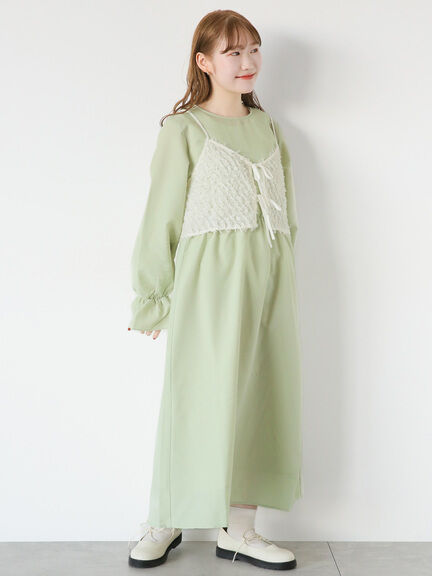 【SET ITEMS】甜美羽毛緞帶背心+素色圓領糖果袖洋裝(FF41L0H0680) - ehka sopo