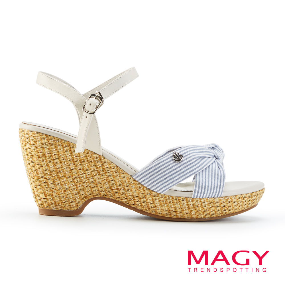 MAGY 條紋布面扭結拼接牛皮編織楔型涼鞋 米色 #15070