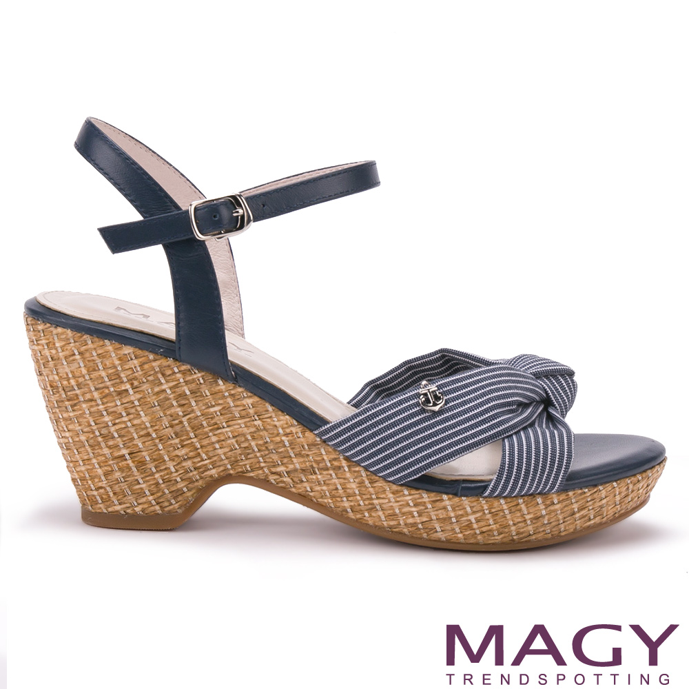 MAGY 條紋布面扭結拼接牛皮編織楔型涼鞋 藍色 #15070
