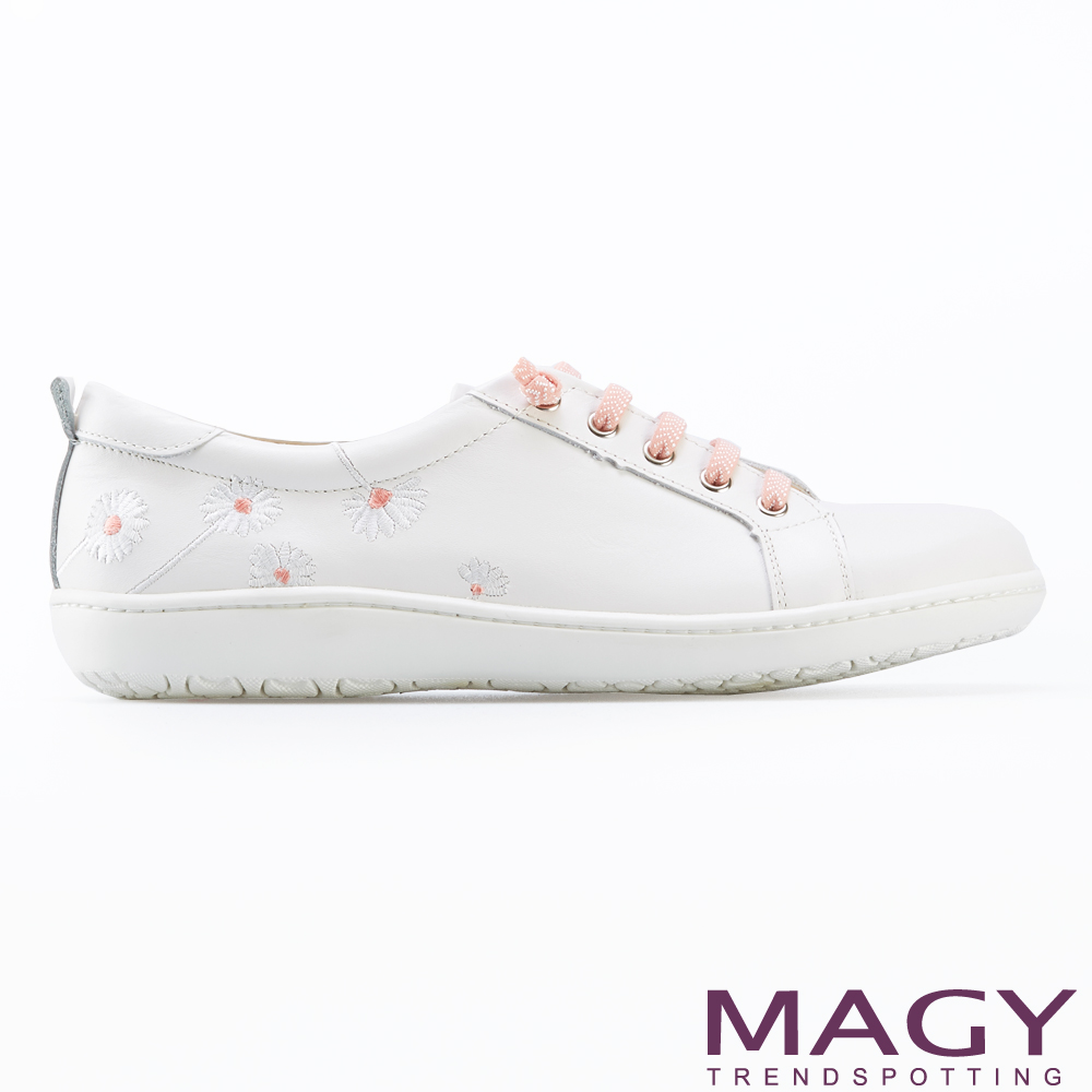 MAGY 真皮刺繡花朵綁帶休閒鞋 白底粉花 #15383